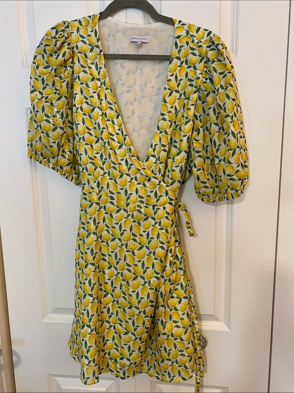 Gianni Bini Yellow Lemon-Print Wrap Mini Dress with Puff Sleeves